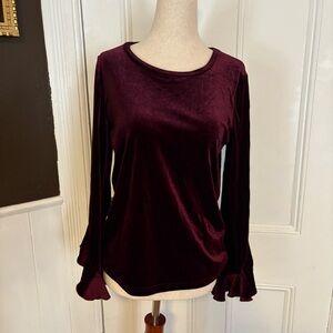 Luxurious Velvet Long Sleeve Top in Deep Burgundy with ruffle bell sleeves, SM